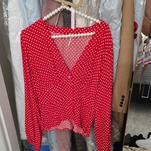 Free People Red Wrap Blouse with Notched Collar